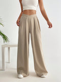 Solid Plicated Detail Wide Leg Pants