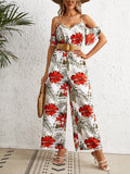 VCAY Tropical Print Cold Shoulder Wide Leg Jumpsuit Without Belt