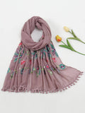 Floral Embroidered Pompom Decor Scarf