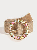 1pc Women Bead & Chain Decor Round Buckle Boho Straw Belt For Vacation