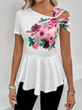 LUNE Floral Print Asymmetrical Neck Peplum Tee SD