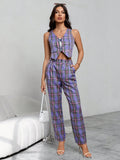 SHEIN Privé Tartan Print Vest Blazer & Slant Pocket Pants SD