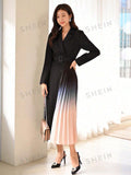 SHEIN Modely Colorblock Lapel Collar Pleated Hem Belted Dress