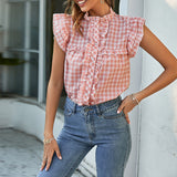 Idyllic Style Plaid Sleeveless Ruffle Women Blouse Pink Holiday Summer Blouse Shirt Short Za Casual Fashion Top SD