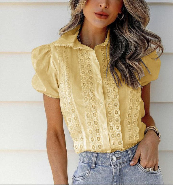 Puff Short Sleeve Splicing Women Blouse Summer Idyllic Style Lace Blouse Shirt Casual Fashion Tops SD