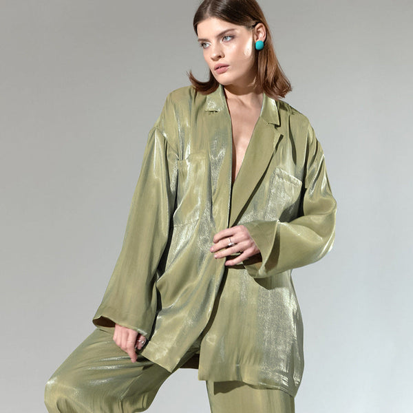 Spring-Summer  Satin Lace-up Shirt Trousers Two-Piece Set SD